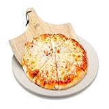 Pizzastein Hans Grill Pizza Ofenstein mit Holz Pizza Peel Brett | Langlebig, dick & echt Holz, kreisförmig, leicht zu Handhaben | Backen, Grillen und Servieren Für Torten, Gebäck, Kuchen, Brot, Pizza