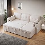 Schlafsofa 3-Sitzer, Schlafsofa mit Schlaffunktion, französisches Bett, Ecksofa, ausziehbares Schlafsofa, L-förmiges Sofa, Loungesessel mit Stauraum, mit Getränkehalter, Beige