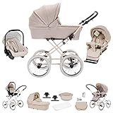 Friedrich Hugo Natureline | 3 in 1 Kombi Kinderwagen Set | Öko Nostalgie Kinderwagen | Farbe: Elisabeth Creme