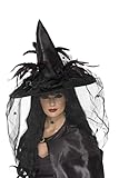 Witch Hat, Feathers & Netting, Black, Deluxe