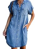 Damen Kleider Sommer,Damen-Jeanskleid Vintage-Waschung Verblasstes Kurzarm-Revers-Knopf-Kleid Lässiges Lockeres Hemdkleid Mit Tasche Sommer-Jeans-Etuikleid Midi-Kleider Für Damen Und Mädchen Hell