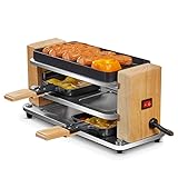 COKLAI Raclette Grill 2 Personen mit Antihaft beschichteter gestreifter Grillplatte, Mini Grill Raclette mit 2 Pfannen und Holzspatel, Naturholz Raclette 300 Watt