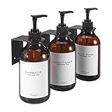 GOYISEE Shampoo und Conditioner Spender für Duschwand 3 Kammer, nachfüllbare Shampoo und Conditioner Flaschen mit wasserdichten Etiketten, Seifenspender mit Pumpen (3 Flaschen 3 Wandhalterungen-Braun)