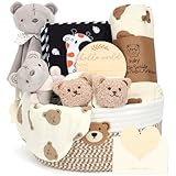 Baby-Geschenkkorb, Geschenkkorb für Neugeborene, Set mit Windel-Caddy sensorisches Buch, Babydecke, Wickelsocken, Rassel, Lätzchen, Meilensteinkarten, Babyparty-Geschenkbox für Jungen, Mädchen, Unisex