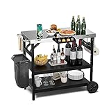 KOMFOTTEU Grillwagen klappbar, Grilltisch mit Edelstahl Arbeitsplatte, Outdoor Rollwagen mit 2 Rollen, Servierwagen Grill Trolley mit Verstellbarer Ablage, Handyhalterung & Handtuchhalter, Schwarz