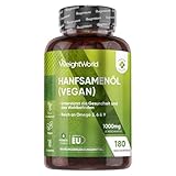 Hanföl Vegan Softgels - 1000 mg Kaltgepresste Hanfsamenöl - Reich an Omega 3, 6 & 9-1 Weichkapsel täglich - 180 Weichkapseln - 6 Monate Vorrat - Hemp Seed Oil von WeightWorld