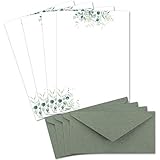 25 Briefbogen-Sets DIN A4 - Naturpapier in Creme mit Eukalyptus-Zweigen - mit Briefumschlägen DIN Lang in Eukalyptus-Grün Briefpapier bedruckbar ideal für Hochzeitseinladungen
