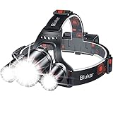 Blukar Stirnlampe LED Wiederaufladbar, Superhell 6000 Lumen Zoombar Kopflampe mit 5 Lichtmodi & Rotlicht, IPX6 Wasserdicht, 90° Einstellbar Stirnleuchte für Camping, Angeln, Reparatur, Notfälle usw.