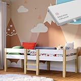 Bellabino Aspy Kinderbett 90x200 cm – Hochbett mit Matratze, Rausfallschutz & Lattenrost – Halbhochbett mit Leiter aus Kiefer Massivholz in Weiß/Natur – Jugendbett für Jungen und Mädchen