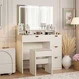 LieABak Schminktisch mit Spiegel und Hocker, Make-up Tisch mit 4 Schubladen, Frisiertisch mit LED und Touch-Schalter, Kosmetiktisch Frisierkommode mit Haartrocknerhalter Für Schlafzimmer, Weiß