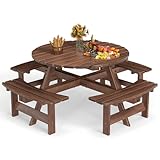 GIANTEX Gartenmöbel Set Holz 8 Personen, Garten Sitzgruppe 4 Bänken & 1 Gartentisch, Picknicktisch mit Schirmloch, Terrassenmöbel Outdoor, Bierbankgarnitur Biertischgarnitur Massiv Tannenholz