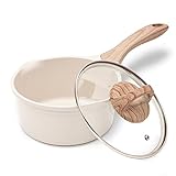 JEETEE Kochtopf 16 cm, 1.5L Kochtöpfe mit Deckel, Milchtopf Mit Hitzebeständigem Griff und Ausguss, Granit-Antihaft Topf Induktion, Stielkasserolle Geeignet für alle Herde, Beige