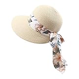 Stroh Strandhut für Damen Sommer Sonnenhut mit Schleife Faltbar Strohhut UV Schutz Kappe Breiter Krempe Strandhüte Outdoor Hut Sonnenschutz Strand Fischerhut Visor Cap Floppy Summer Hat for Women