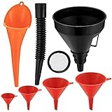 6 Stück Einfülltrichter Set, rechtwinkliges flexibles Kunststoff Trichter Set, Universal Auto Benzin Kraftstoff Trichter mit abnehmbarem Auslauf und langen Trichtern – Rot/Orange/Schwarz