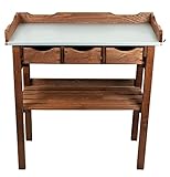 mgc24® Pflanztisch mit verzinkter Arbeitsplatte - 78x38x82cm aus Kiefernholz Dunkelbraun, mit Abstellboden / 3 Schubladen / 3 Haken - für Garten Balkon Terrasse