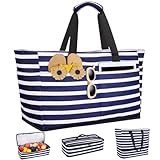 ISEYOU Strandtasche XXL Familie mit Kühltasche, Groß Strandtasche mit Reißverschluss Wasserdicht Sanddicht, Handtasche Damen 49L, Faltbar Badetasche für Urlaub Reisen Fitnessstudio Picknick