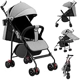 Homewell Kinderwagen, Liegebuggy mit großes Verdeck, Sportwagen, Zusammenklappen, Verstellbarer Griff, kompakter Buggy inkl. Moskitonetze & Getränkehalter, bis zu 22kg (Grau)