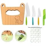 Goodchef Kindermesser 5-teiliges Kinder-Küchenmesser-Set zum Schneiden und Kochen von Obst oder Gemüse für Kleinkinder, inklusive kindersicherem Holzmesser Messer ab 2 jahre(Großäugiger Dinosaurier)