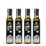 Kräuterland Bio Leinöl 4X250ml (1Liter), bio Leinsamen, kaltgepresst, mild und nussig, reich an Lignane und Omega 3-6-9 Fettsäuren, naturrein ohne Zusatzstoffe, glasflasche, mühlenfrisch