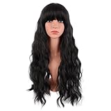 MapofBeauty 26 Zoll/65 cm Länge Wavy Mit Pony Synthetische Faser Lockige Perücke für Partys Cosplay Perücke (Schwarz)