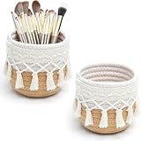 HENGBIRD 2 Stück Boho Pinselhalter Korb Geflochtene Körbchen für Schminktisch Organizer und Kosmetik mit 15-teiliger Make-up Bürsten Set Pinselhalter Kosmetik ideal für kleine Körbchen im Badezimmer