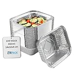Enpack Aluschale R28‑450L – 100 Stück Wiederverwendbare Aluminium Schalen 450 ml | FEU­erfest & backofengeeignet | Grillschale 14 x 12 x 4 cm | Auflaufform & Lebensmittelbehälter