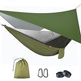 OTraki Hängematte 290cm x 140cm mit Moskitonetz und 310 * 310 Dickes Zeltplane Reise Camping Hängematten Outdoor Hammock 200kg Last Kapazität Ultraleichte Atmungsaktiv für Wandern/Reisen(Armeegrün)