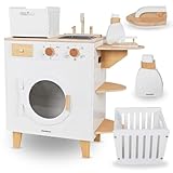 Mamabrum MAM163 Kinder-Waschmaschinen-Set aus Holz, Spielzeug-Einbauwaschmaschine mit Bügeleisen & Wäschekorb - Lernspielzeug für Rollenspiele ab 3 Jahren (4 Teile)