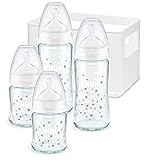 NUK First Choice+ Babyflaschen Starter Set aus Glas und Silikon | 0–6 Monate | 4 Flaschen mit Temperature Control & Flaschenbox | Anti-Colic Air System | BPA-frei | 5-teilig