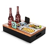 Couchbar, Sofa Organizer auf dem Beistelltische Couchtisch, Couchbar Holz als Bier Geschenke für Männer, Sofatablett Mit Zwei Snackschalen und Mehrere Lagerplätze (Elegante Holzfarbe)