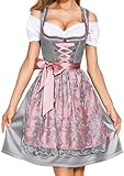 AMZHOTER Dirndl Damen midi Trachtenkleid Trachtenmode Trachtenrock Kleid inkl. Dirndlbluse Dirndlschürze 3 teilig für Oktoberfest Besondere Anlässe Grau 50