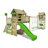 FATMOOSE Spielturm Klettergerüst MightyMansion Move XXL mit TowerSwing, Schaukel & apfelgrüner Rutsche, Outdoor Kinder Kletterturm mit Sandkasten Leiter & Spiel-Zubehör für den Garten
