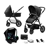 Kinderkraft MOOV Kinderwagen 3 in 1 Kinderwagenset bis 26 kg mit Kindersitz I-SIZE 40-75 cm, Buggy Funktion, Liegeposition verstellbar, Große ausziehbare Verdeck, Zubehör inklusive, Schwarz