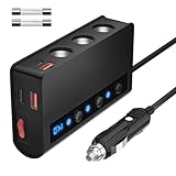 USB C Autoladegerät Adapter, 180W 12V/24V Zigarettenanzünder Verteiler, QC3.0 Schnellladung KFZ Ladegerät Stecker mit Schalter LED Voltmeter für Smartphones Tablet GPS Sitzheizung