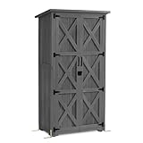 M MCombo Gartenschrank Holz, Gartenhaus Klein Wetterfest, Outdoor Gerätehaus Geräteschuppen, für Außenbereich Balkon Terrasse, 55×90×169cm, 0878EY-F (Grau)