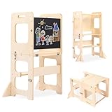 Labebe Lernturm für Kinder, Faltbarer Montessori Learning Tower, 3 in 1 Tritthocker Lernstuhl Kinderhocker mit Tafel, Montessori Küchenhelfer Lernturm ab 18 Monate (Holz)