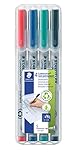 STAEDTLER Universalstift Lumocolor non-permanent, feucht abwischbar, für fast alle Oberflächen, Linienbreite ca. 0,4 mm, 4 Folienstifte in sortierten Farben, 311 WP4