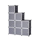 WOLTU Garderobenschrank DIY Kleiderschrank Regalsystem Steckregal Aufbewahrung Lagerregal Bücherregal mit Tür, 9 Fächer, Kunststoff, 111x37x111cm, Schwarz
