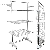 PORTENTUM Wäscheständer Turm klappbar 14 cm mit 5 Ebenen und 58 Haken für Kleiderbügel – Bis 40 kg – ständer mit 24 Edelstahlstangen – Für Innen- und Außenbereich – Rollen mit Feststellbremse