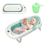 SWANEW Baby Badewanne, Faltbar Babybadewanne,Badewannen, Baby Badewanne mit Thermometer und Bath Mat, Baby-haarwaschbecher, Rutschfeste Baby Bathtub für Neugeborene 0-6 Jahre und Neue Mutter,Grün