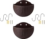 2 Stück Wand Blumentopf, Blumenampel, Blumentopf Hängend für Innen Außen, Halbrunder Rattanimitat Hängetopf für Pflanzen mit Ablaufauslass und 4 Haken, Wandvase für Garten, Zaun, Terrasse (Kaffee)