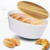 FloX Products® Brotkasten Keramik - Brottopf Ton produziert in Europa - weiße Brotbox 35x24x14cm mit Eichenholzdeckel - natürlicher Brotkorb - NEUE Verpackung