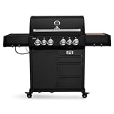 BURNHARD Big Earl Black 4-Brenner Gasgrill Edelstahl inkl. Heckbrenner, mit Gusseisen Grillrost & inkl. Stabiler Abdeckhaube, Seitenkochfeld mit Infrarot Keramikbrenner