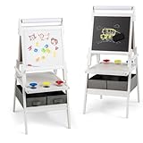 GOPLUS 3 in 1 Kinderstaffelei, multifunktionale Doppelstaffelei mit Whiteboard, Kreidetafel & Papierrolle, stehende Kindertafel mit Regal, 3 Bechern & 2 Stoffschubladen, für Kinder ab 3 Jahren (Weiß)