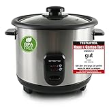 EMERIO automatischer Eco Reiskocher | 1.5L Volumen | Warmhaltefunktion | Auto Off | Antihaftbeschichtung | Glasdeckel | inkl Reislöffel + Messbecher | Schongarer | 500 Watt | Edelstahl | RCE-110118.5