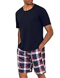 Uniexcosm Schlafanzug Herren Baumwolle Kurz Zweiteiliger Pyjama Set Nachtwäsche Kurzarm Oberteil und Karierte Schlafanzughose Hausanzug Sleepwear A:Dunkelblau M