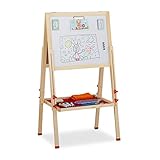 Relaxdays Standtafel Kinder, Whiteboard und Kreidetafel, höhenverstellbar, Aufsteller Holz, 102-135 x 55 x 52 cm, natur