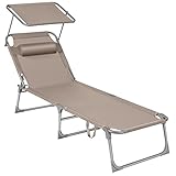 SONGMICS Sonnenliege, klappbarer Liegestuhl, 193 x 53 x 29 cm, trägt bis zu 150 kg, Sonnenschutz, Kopfkissen, verstellbare Rückenlehne, für Garten, Pool, Terrasse, taupe GCB192K01
