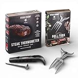Steakchamp BBQ Profi-Bundle – Bull Fork Fleischgabel aus Zinklegierung (6,5') + 3-Farb-LED Steak-Thermometer, Grill- & BBQ-Zubehör für perfektes Tranchieren und Garpunkt-Kontrolle