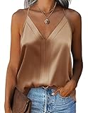 Zeagoo Cami Top Satin Damen Seidentop V Ausschnitt Oberteil Spaghettiträger Top Sexy Sommer Shirt Khaki XL